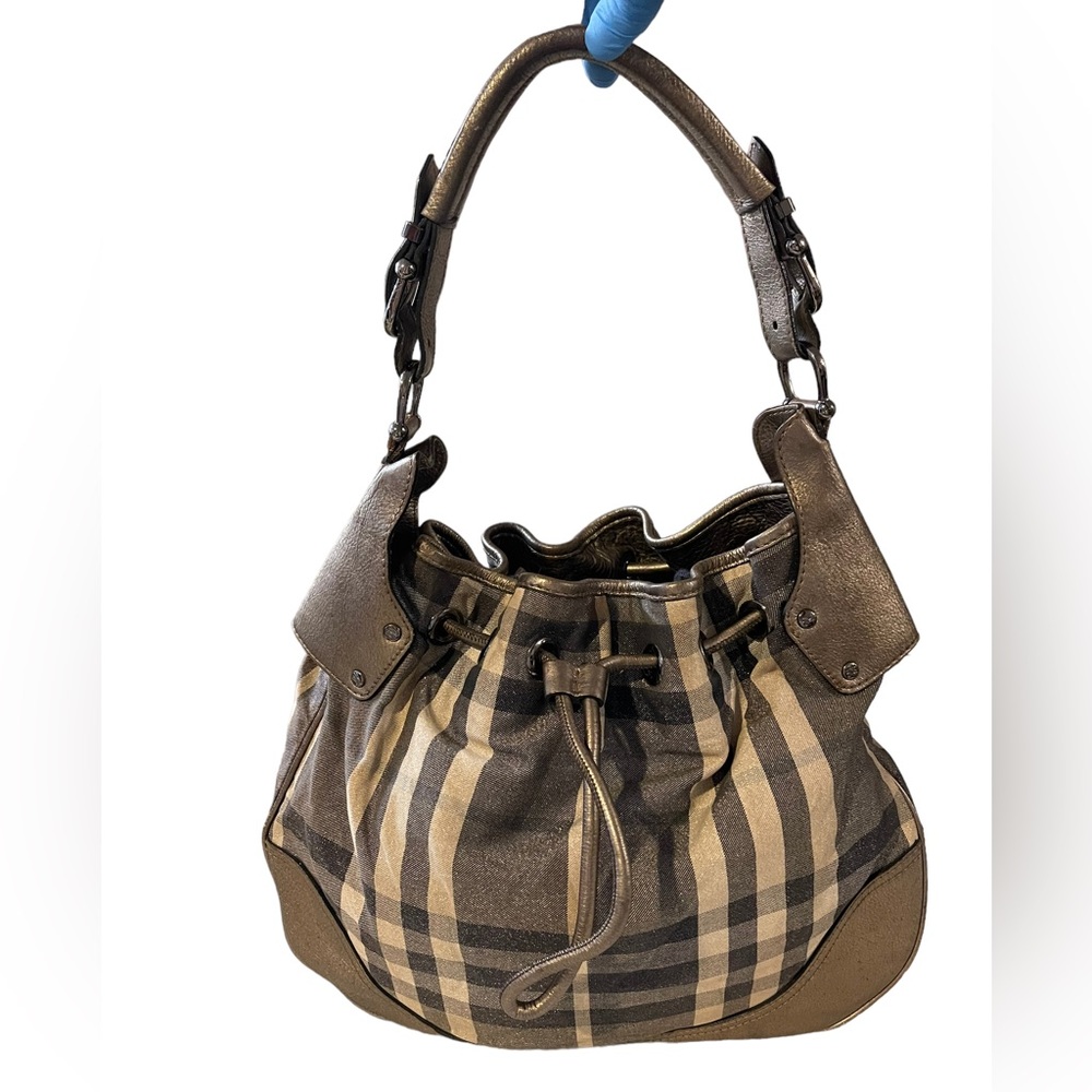 BURBERRY Metallic/Grey Beat Check Canvas and Leather Drawstring Hobo